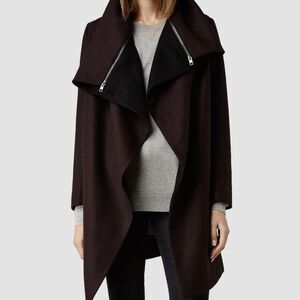 AllSaints Jax Burgundy Wool Assymetric Jacket Size 2